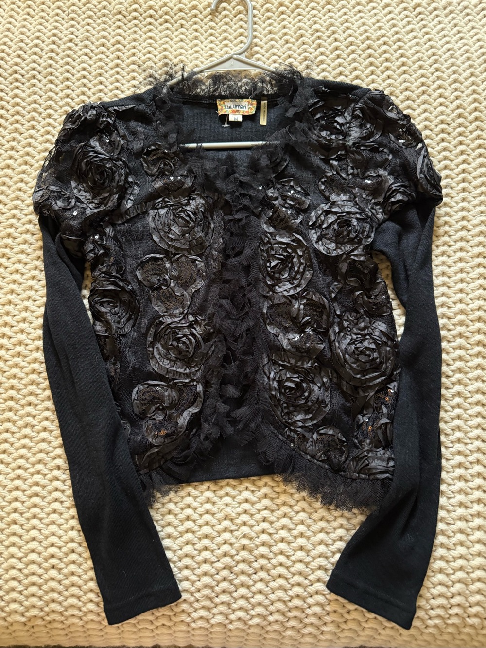 Lulumari Black Rosette Appliqué Lace Sequin Cardigan Sweater whimsigoth Size M - Picture 1 of 6